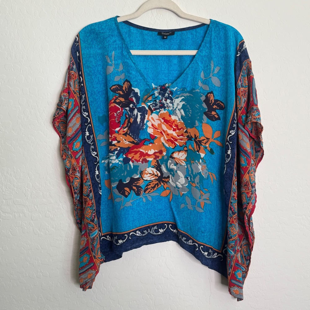 Tolani Women 100% Silk Top Size M Blue Floral Paisley Kaftan Blouse Boho